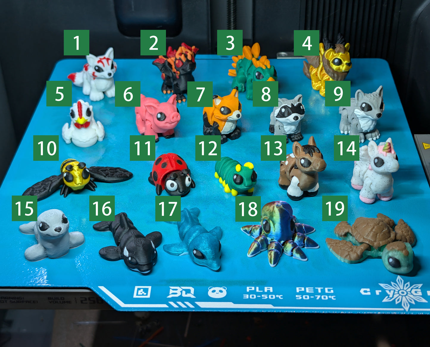 Collection of small figurines on a blue surface with numbers indicating their order.